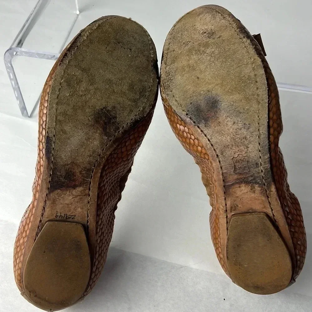 Tory Burch Leather/Fabric Bow Accent Ballet Slip-On Flats Brown Tan Size 9M